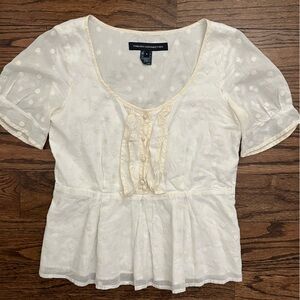 French Connection Ivory Cotton Embroidery Polka Dot Blouse With Cream Trim.